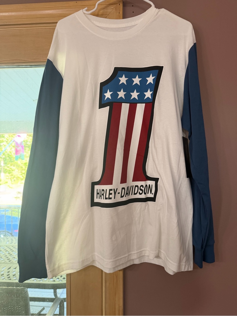 Harley-Davidson White & Blue Long Sleeve Tee with Number 1 Flag Graphic